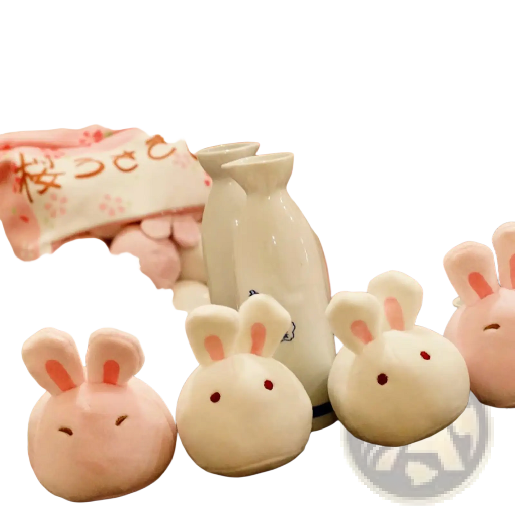 Soft pink and white plush snack bag pillow with 8 piece stuffed bunny toys featuring embroidered red eyes and stitched ears