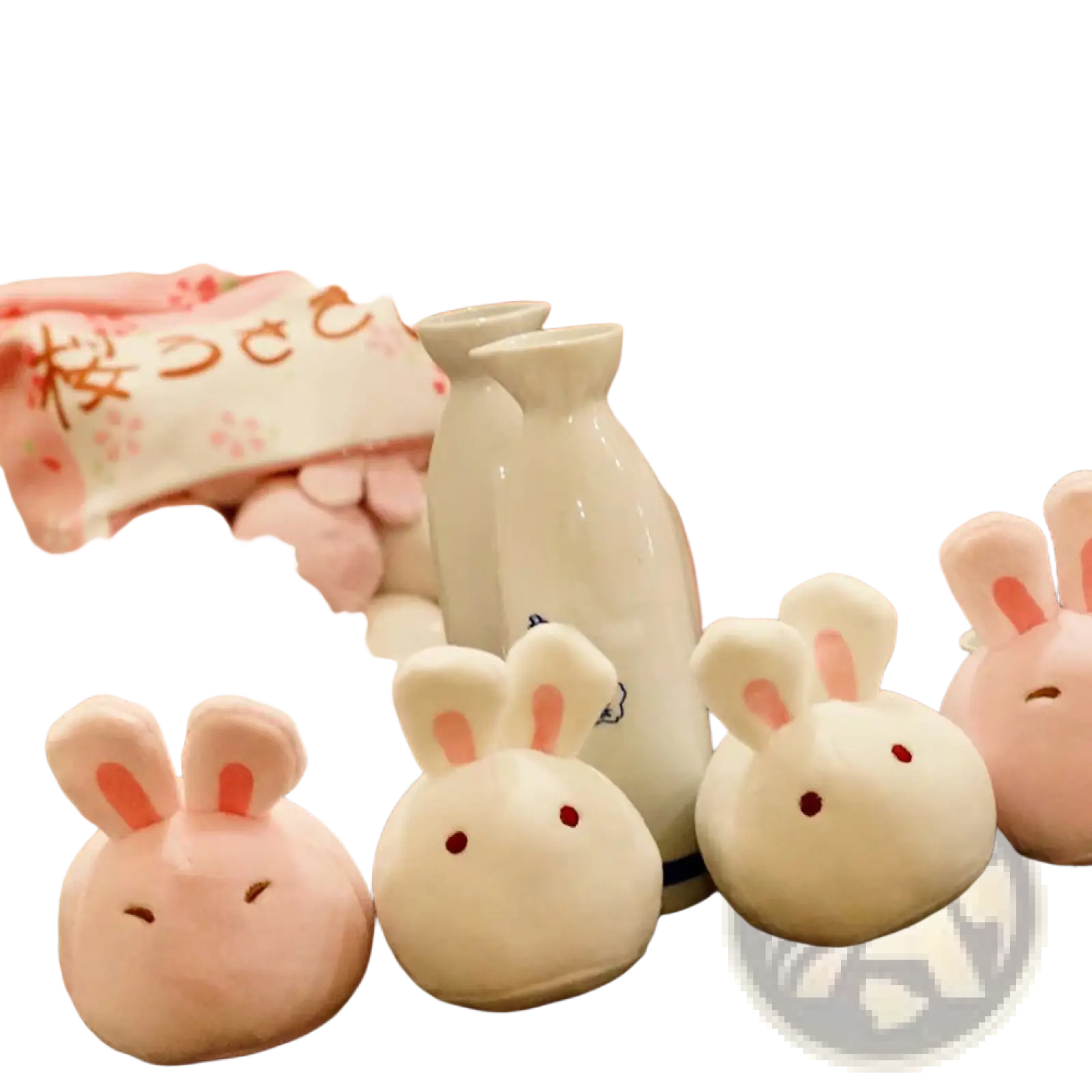 Soft pink and white plush snack bag pillow with 8 piece stuffed bunny toys featuring embroidered red eyes and stitched ears