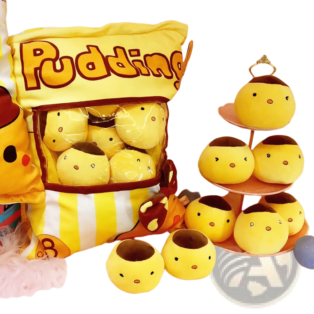 Yellow plush pudding shaped stuffed animals in a bag labeled pudding in an 8 piece plush snack bag pillow set
