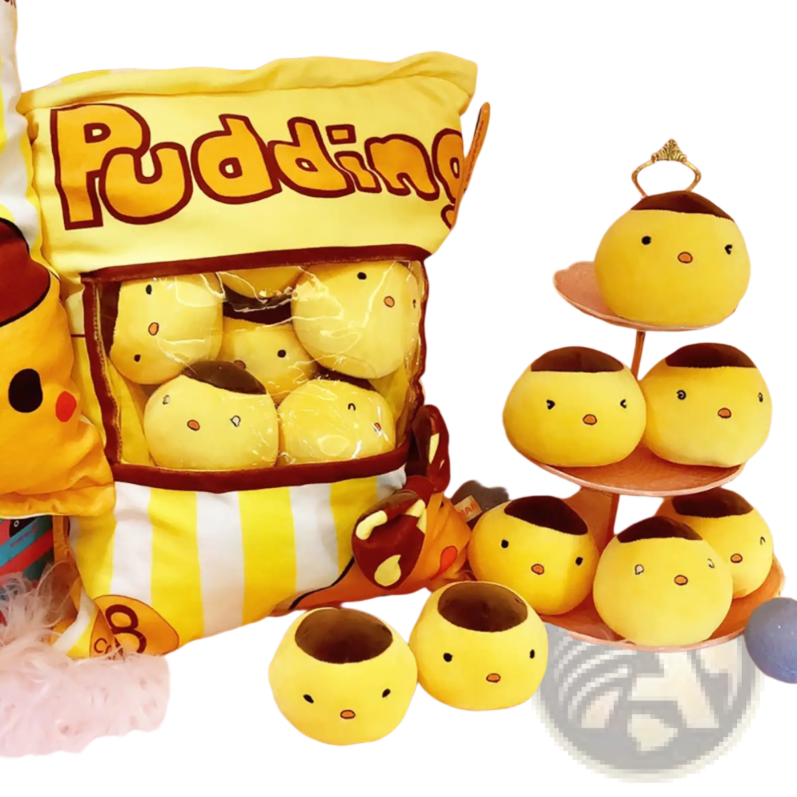 Yellow plush pudding shaped stuffed animals in a bag labeled pudding in an 8 piece plush snack bag pillow set