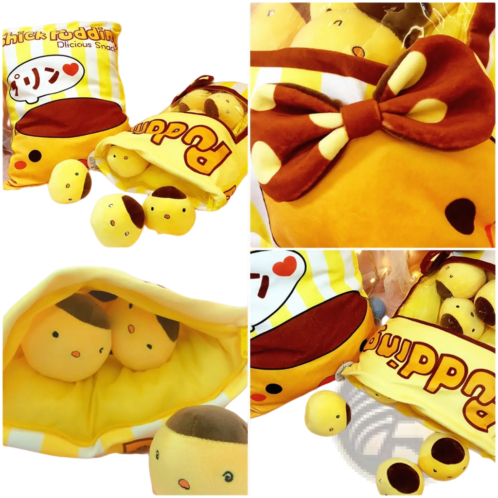 Plush snack bag pillow with 8 yellow pudding shaped stuffed toys with brown tops in pudding thick puddin striped bag