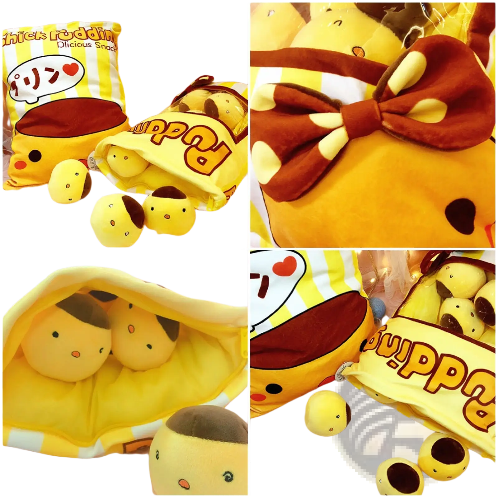 Plush snack bag pillow with 8 yellow pudding shaped stuffed toys with brown tops in pudding thick puddin striped bag