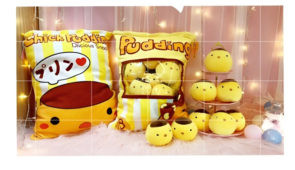 Yellow plush pudding-themed pillow with striped pattern and cartoon face from plush snack bag pillow set with stuffed toys