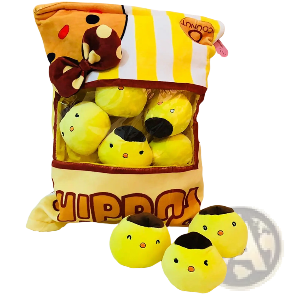 Plush snack bag pillow in yellow with brown bow and striped pattern filled with eight yellow chick stuffed toys