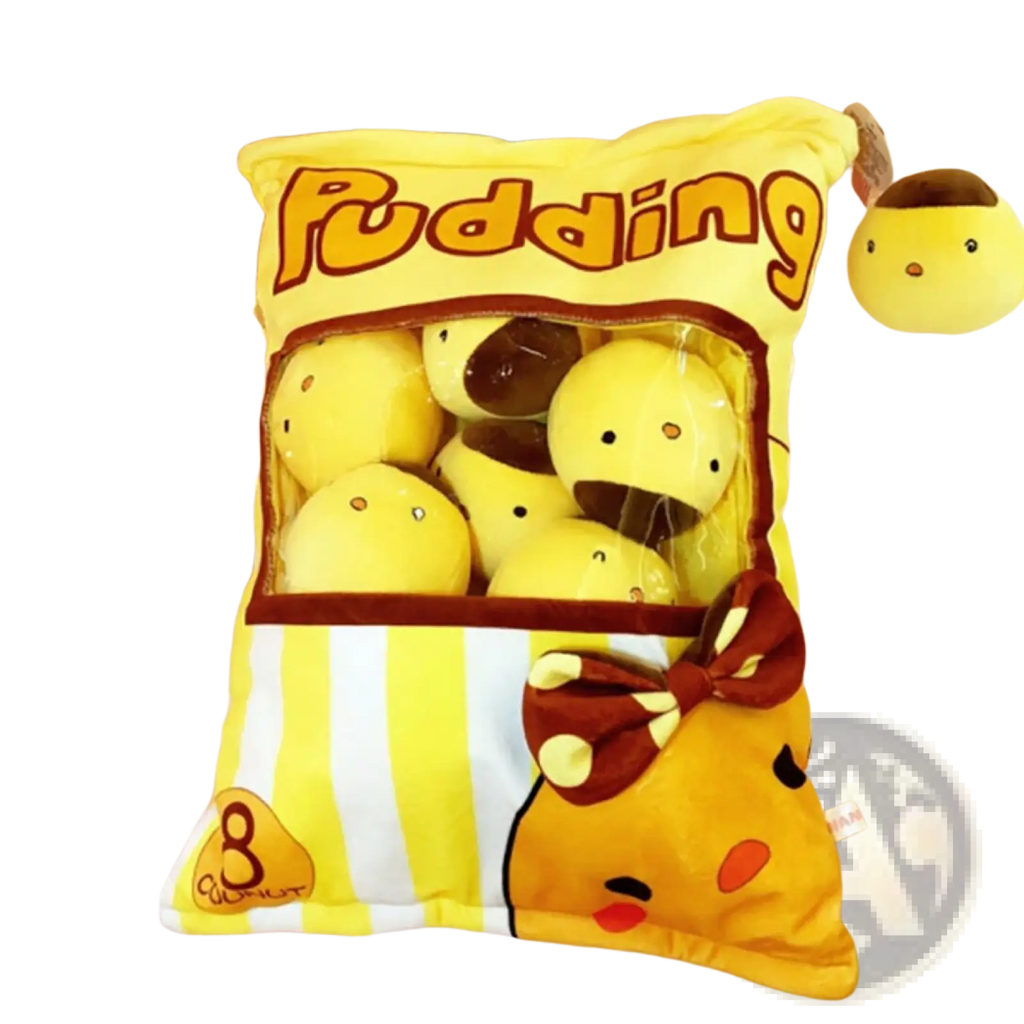 Yellow plush snack bag pillow featuring a brown bow and eight cartoon stuffed toys inside for decorative use