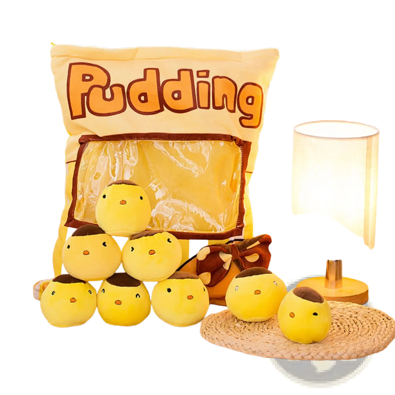 Yellow plush snack bag pillow filled with eight small yellow chick-shaped stuffed toys for decorative use