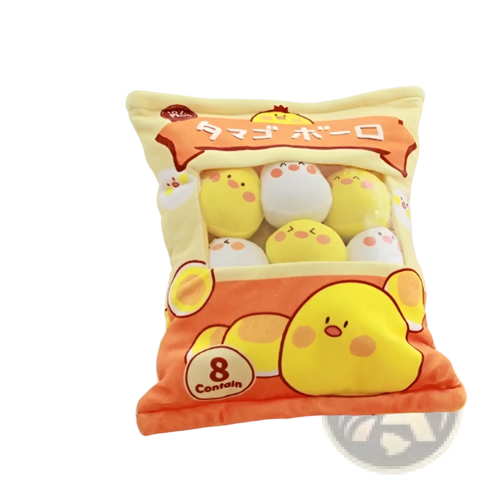 Plush snack bag pillow with 8 yellow and white tamagotchi-style chick stuffed toys made of soft fabric