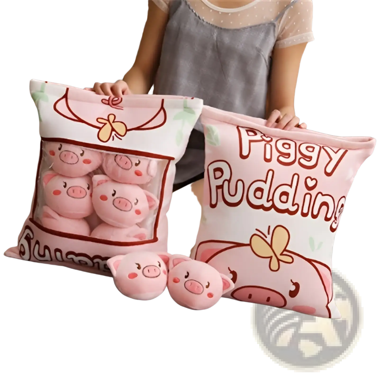 Pink plush pig themed pillow with piggy pudding text and cartoon pig illustration from plush snack bag pillow set