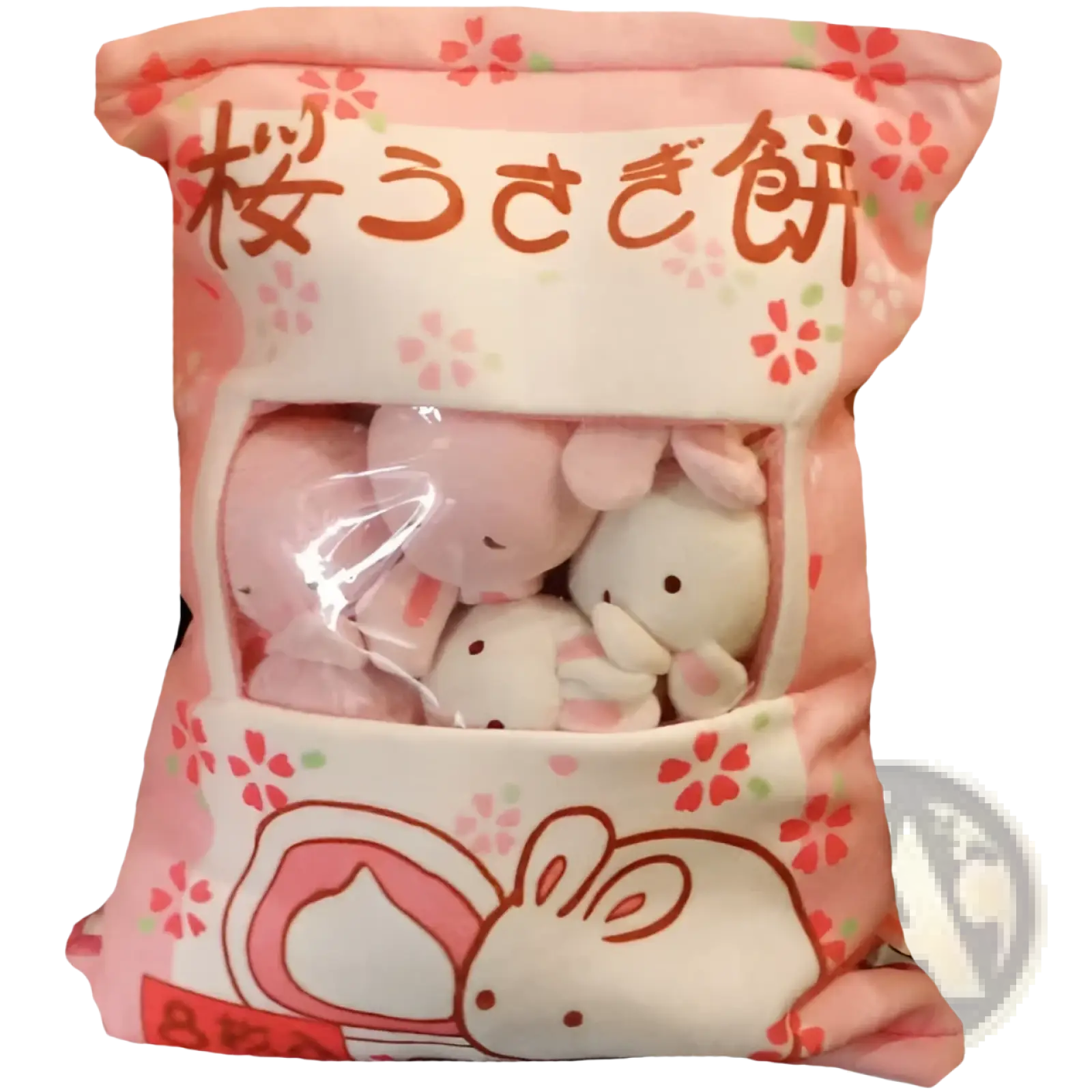 Plush snack bag pillow in pink with cherry blossom patterns and cartoon bunny stuffed toys inside