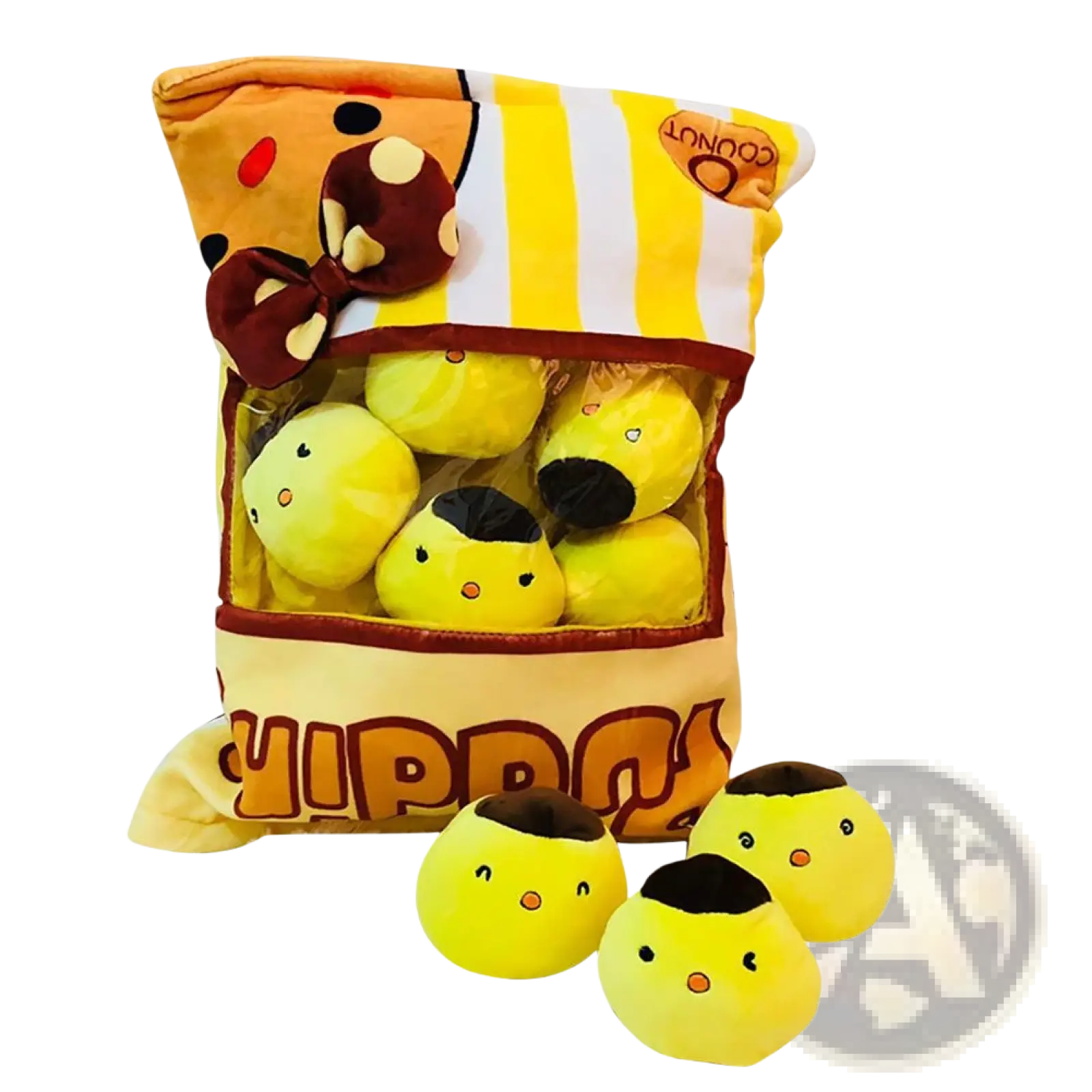 Plush snack bag pillow with eight yellow coconut-shaped stuffed toys in a striped bag with a bow
