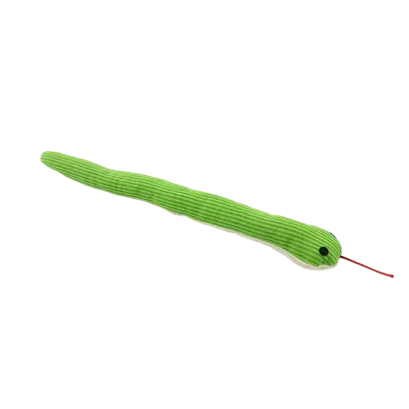 A plush green corduroy snake toy with black eyes and red tongue is an animal toys type for pet chew