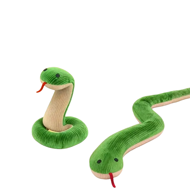 Green corduroy plush snake pet chew toy with beige underbelly and red tongue in animal toys type