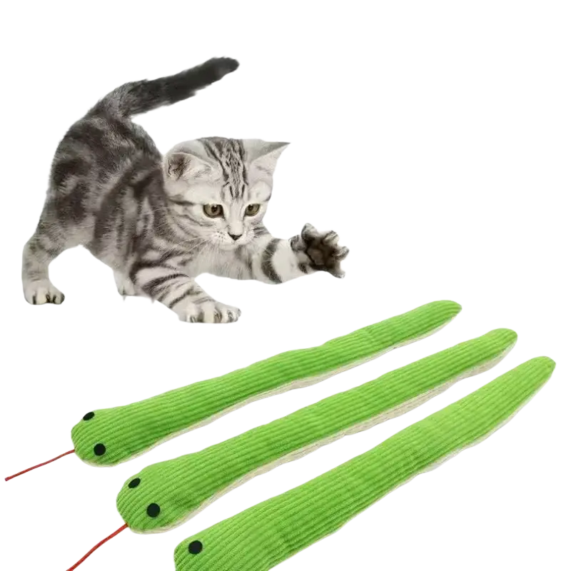 Three bright green corduroy plush snake pet chew toys with black button eyes and red strings animal toys type