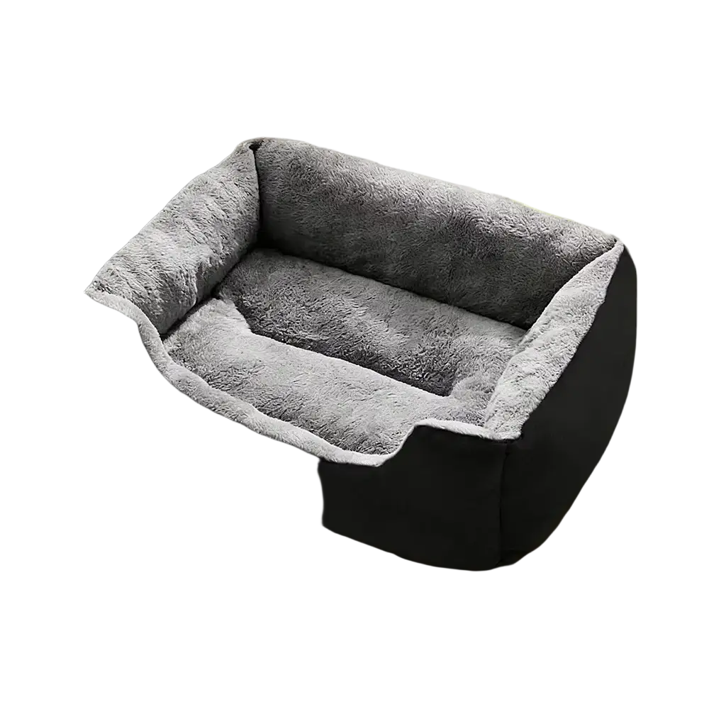 Plush square pet bed mat with plush gray interior and black exterior featuring soft fleece lining for comfort