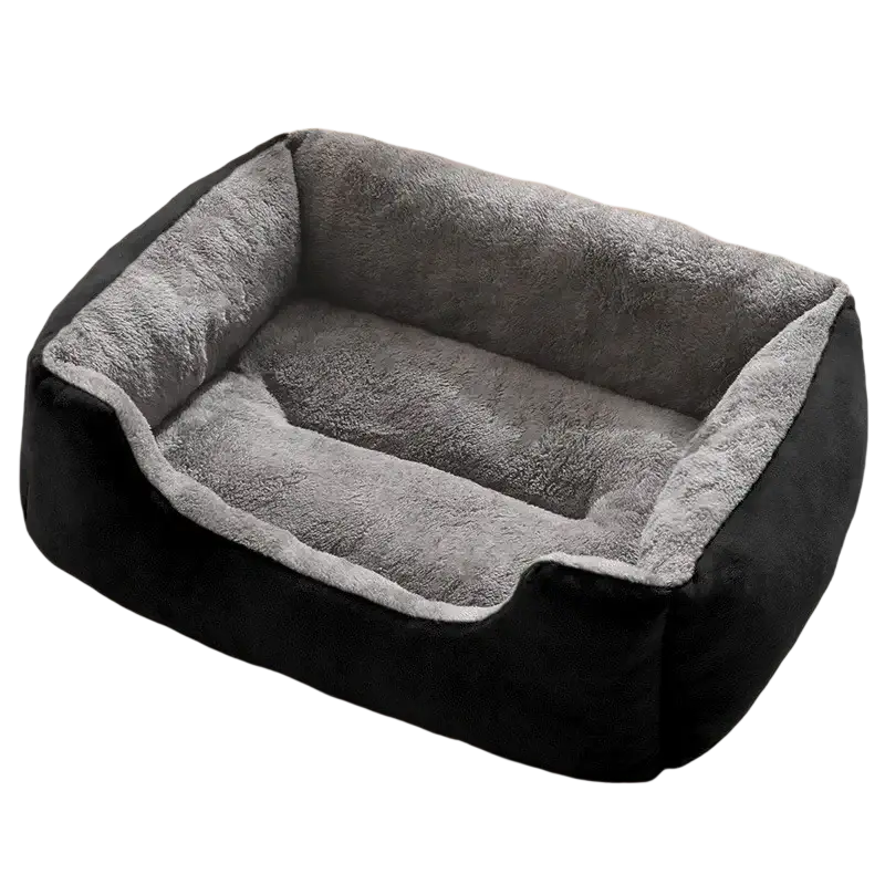 Black and gray plush square pet bed mat with soft cushioned interior for comfortable pet resting