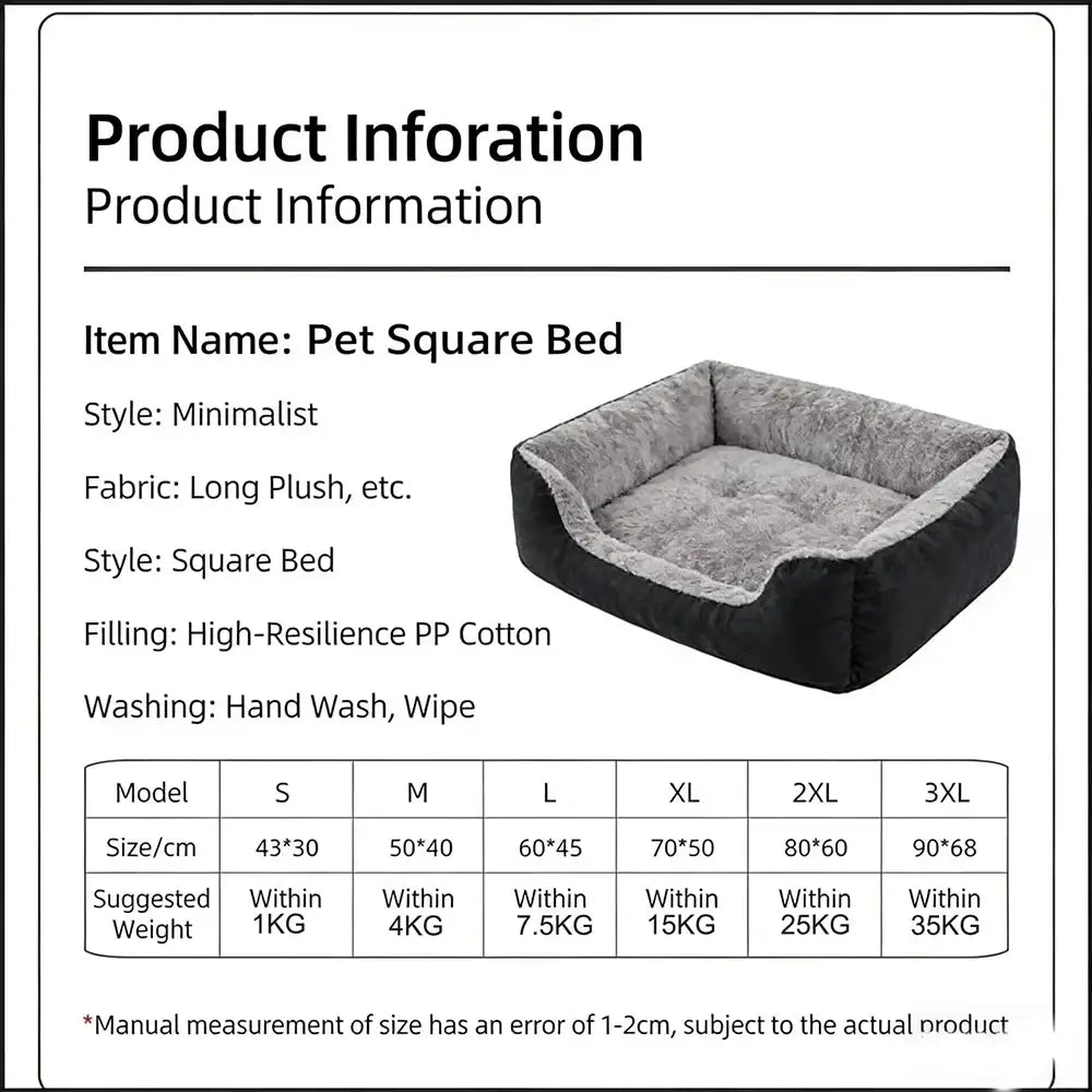Black and gray minimalist plush square pet bed mat with long plush fabric and high-resilience pp cotton filling