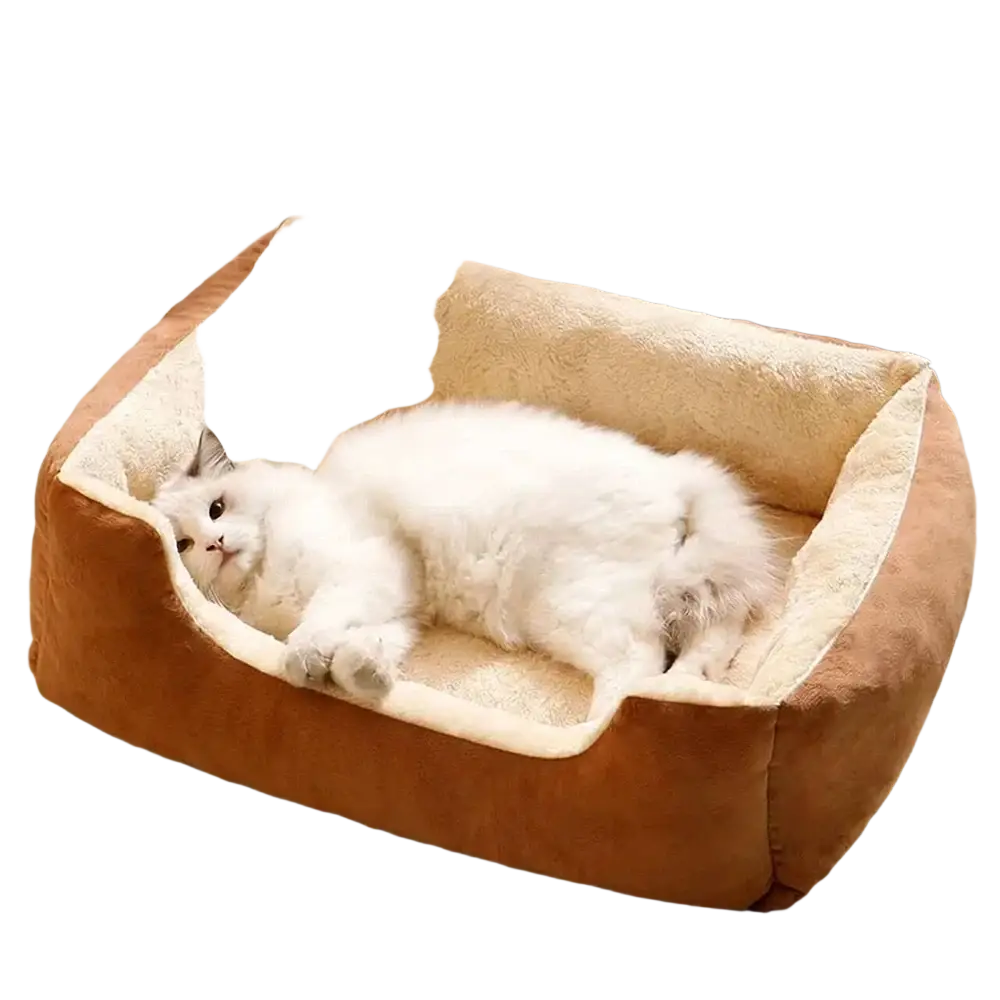 A cozy plush square pet bed mat with a brown exterior and soft cream-colored interior lining for comfort