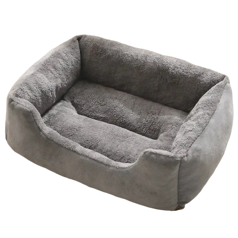 Gray plush square pet bed mat with soft fluffy interior and exterior fabric for cozy pet comfort