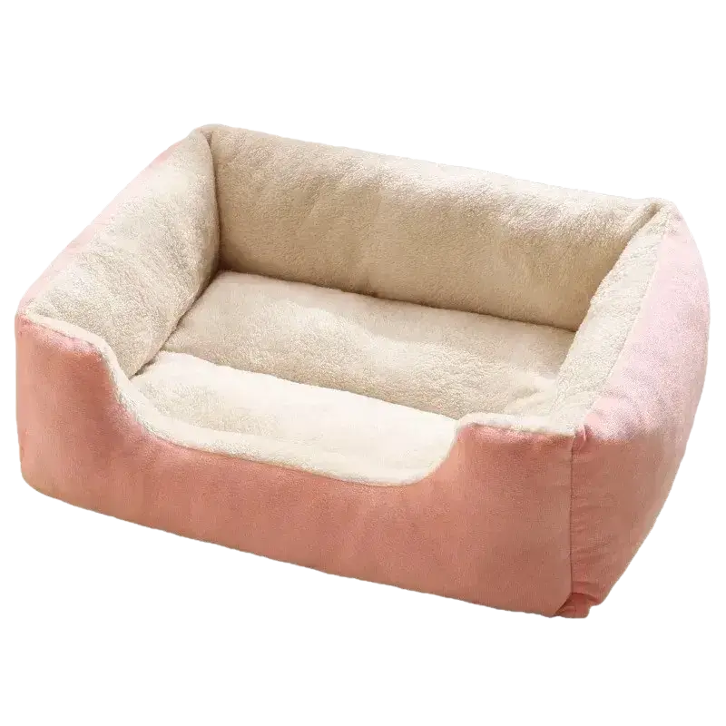 Plush square pet bed mat in pink and cream with soft cushioned interior for comfortable pet resting