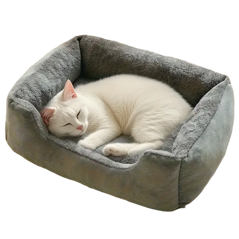 Soft gray plush square pet bed mat with a cozy cushioned interior and raised sides for comfortable resting