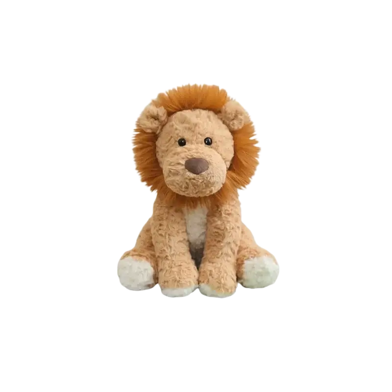 Plush stuffed animal toy lion with fluffy golden mane tan body and white paws measuring 25cm tall