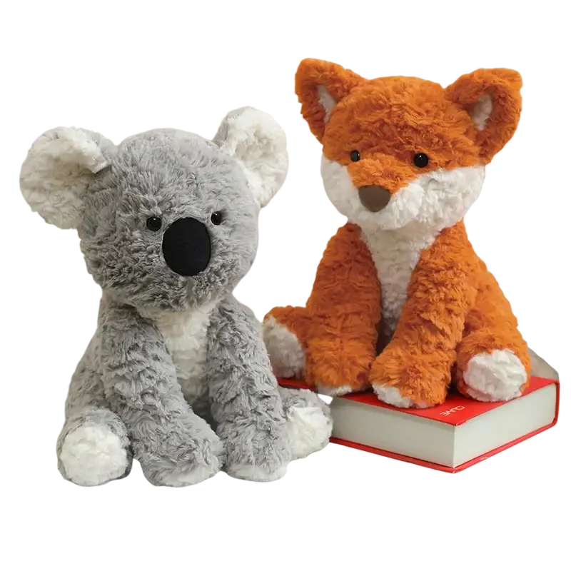 Soft gray koala plush toy with white paws and black nose sitting beside orange fox plush stuffed animal 25cm