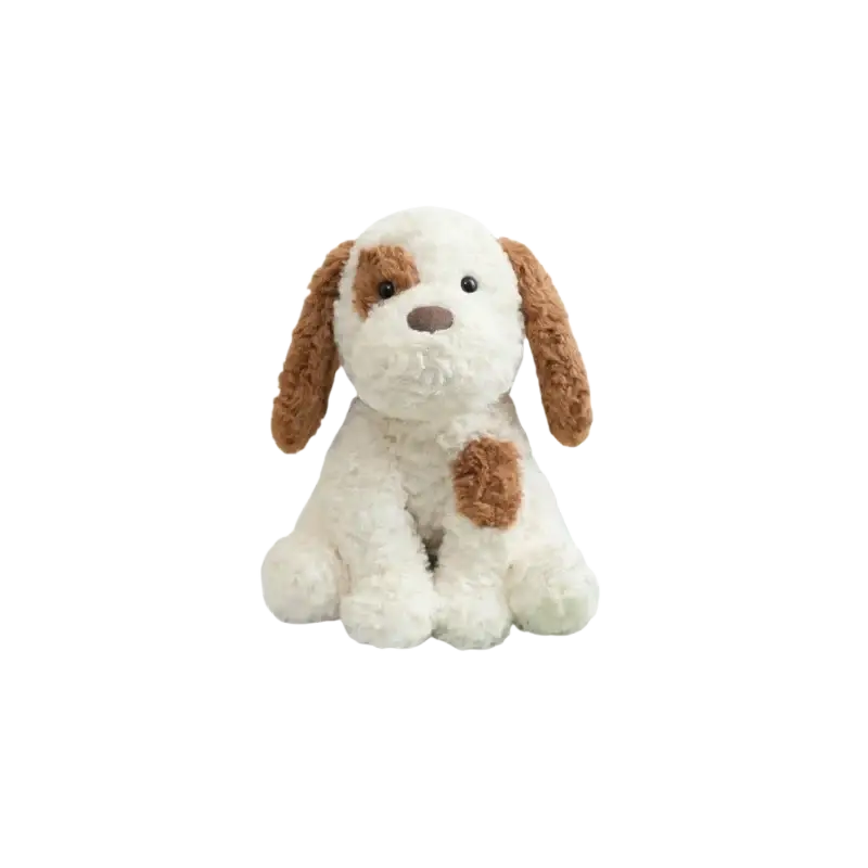 A plush stuffed animal toy 25cm featuring a white and brown plush puppy with floppy ears sitting upright