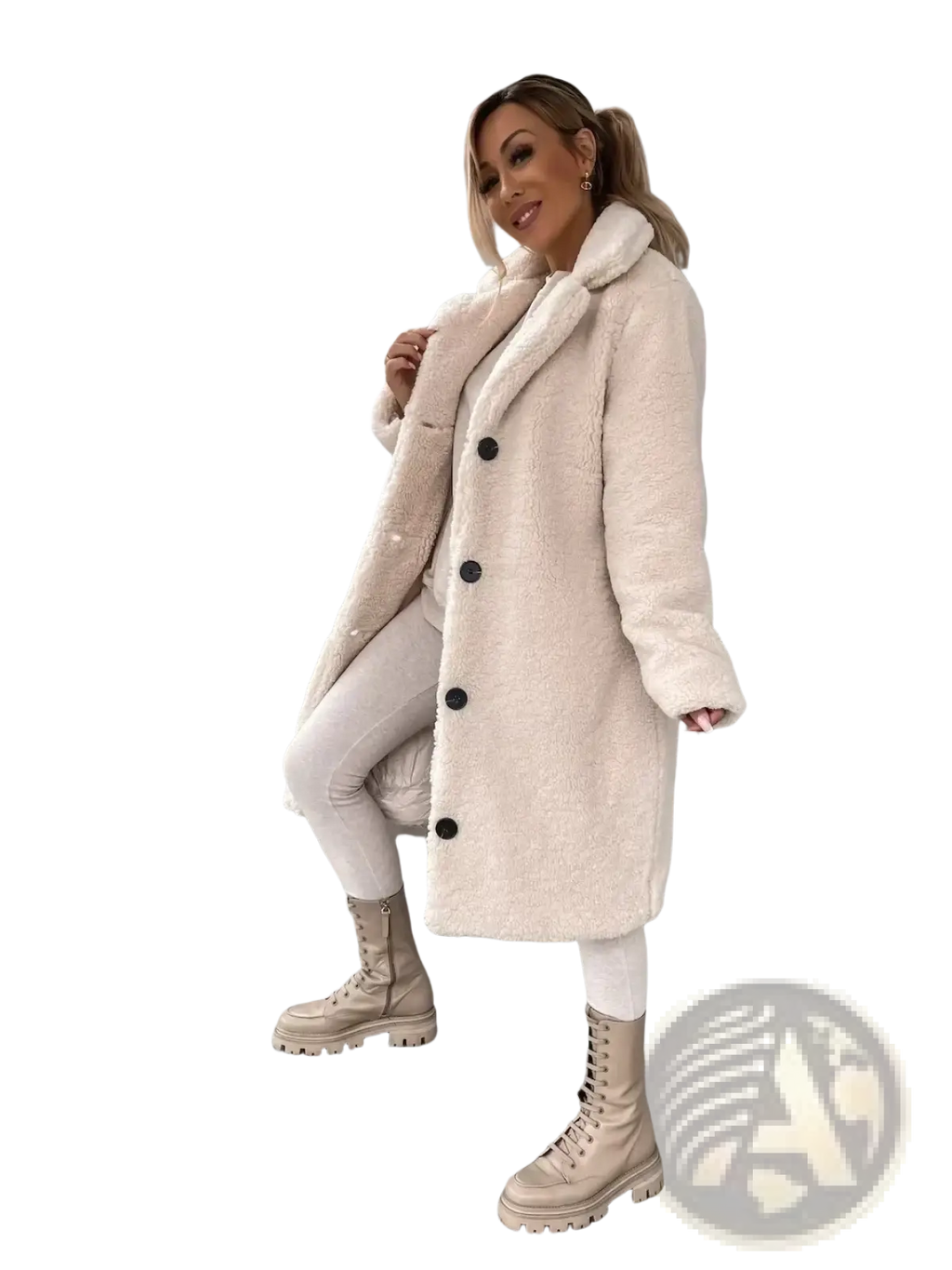 Beige plush teddy bear coat with black buttons made of faux fur ideal for tan winter outerwear