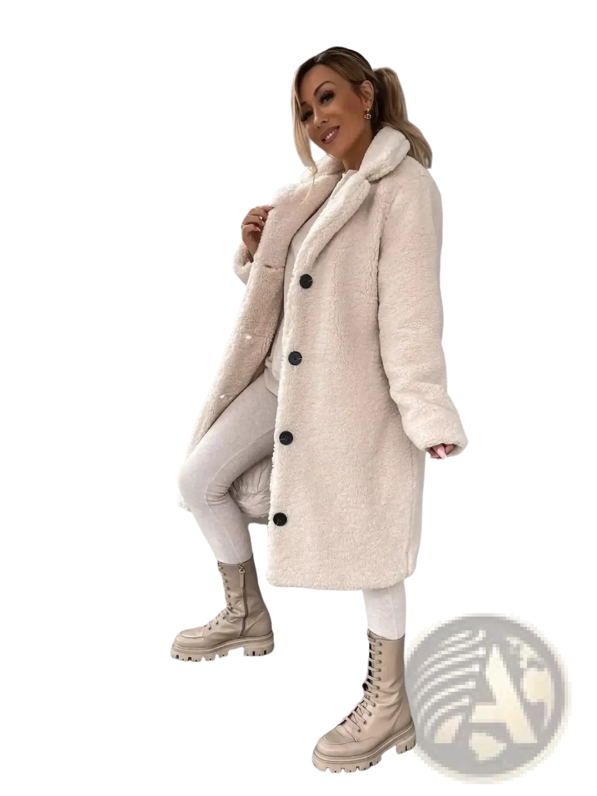 Beige plush teddy bear coat with black buttons made of faux fur ideal for tan winter outerwear
