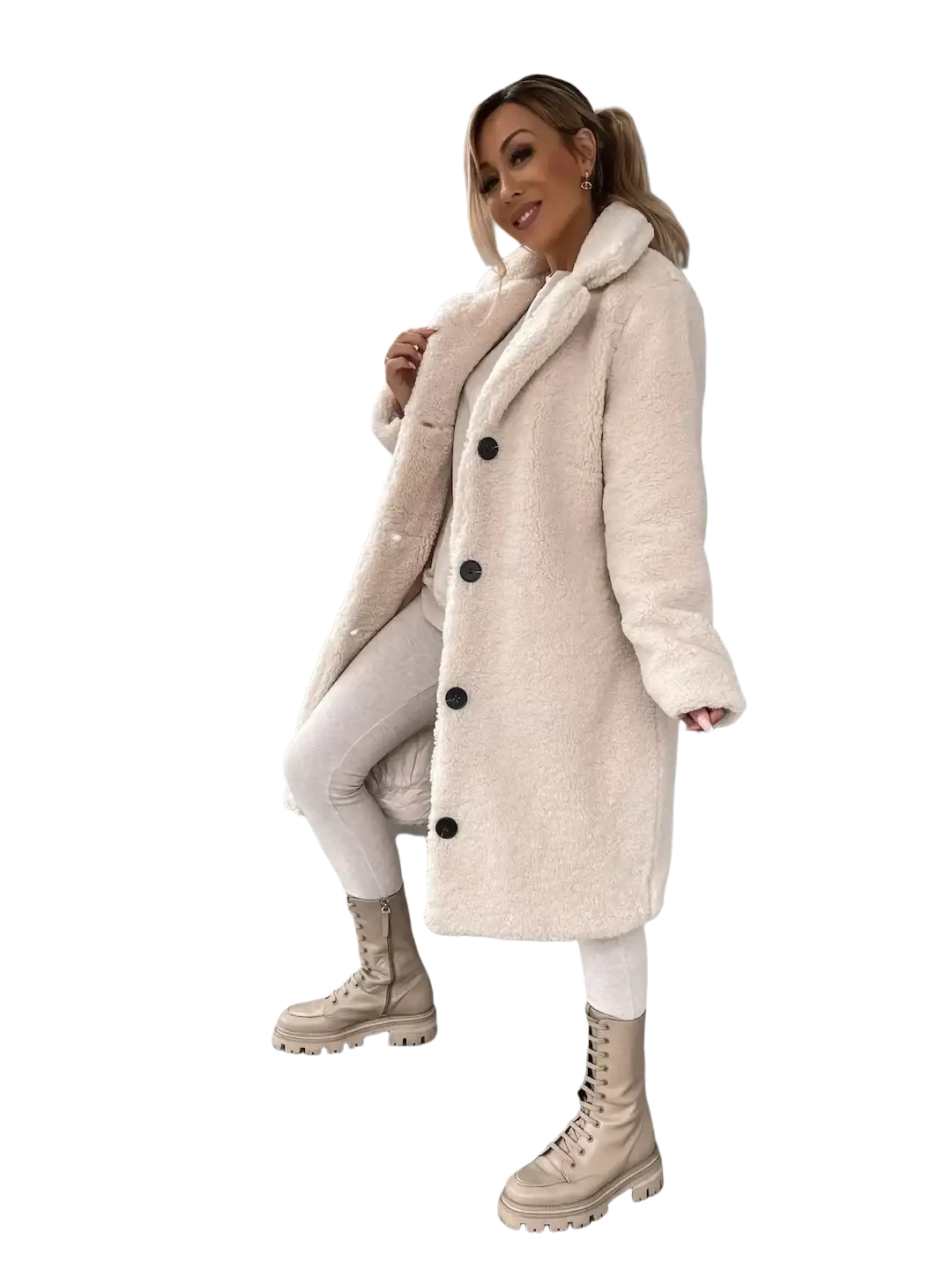 Beige plush teddy bear coat with black buttons made of faux fur ideal for tan winter outerwear