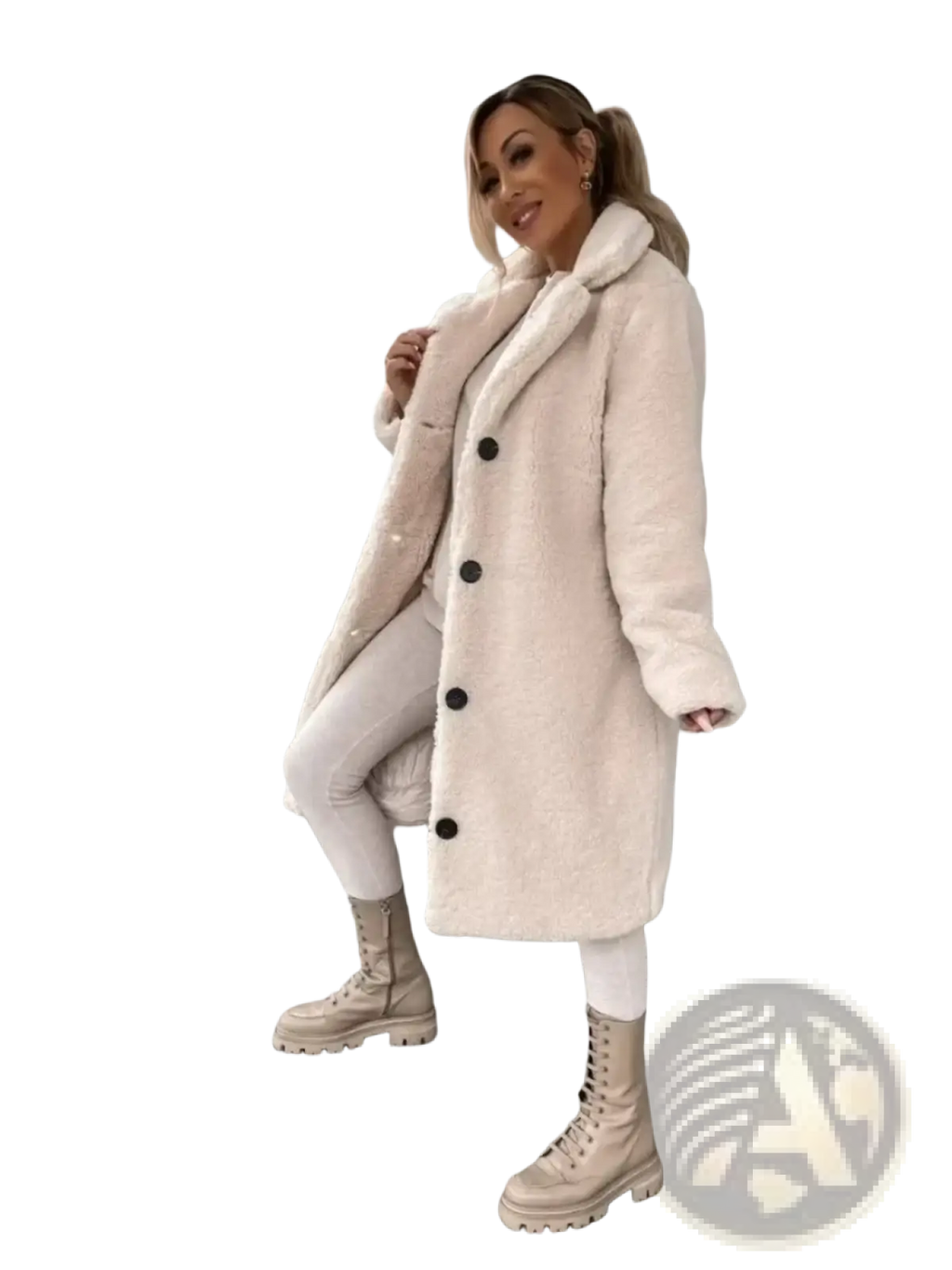 Beige plush teddy bear coat with black buttons in faux fur tan winter outerwear for cold weather use