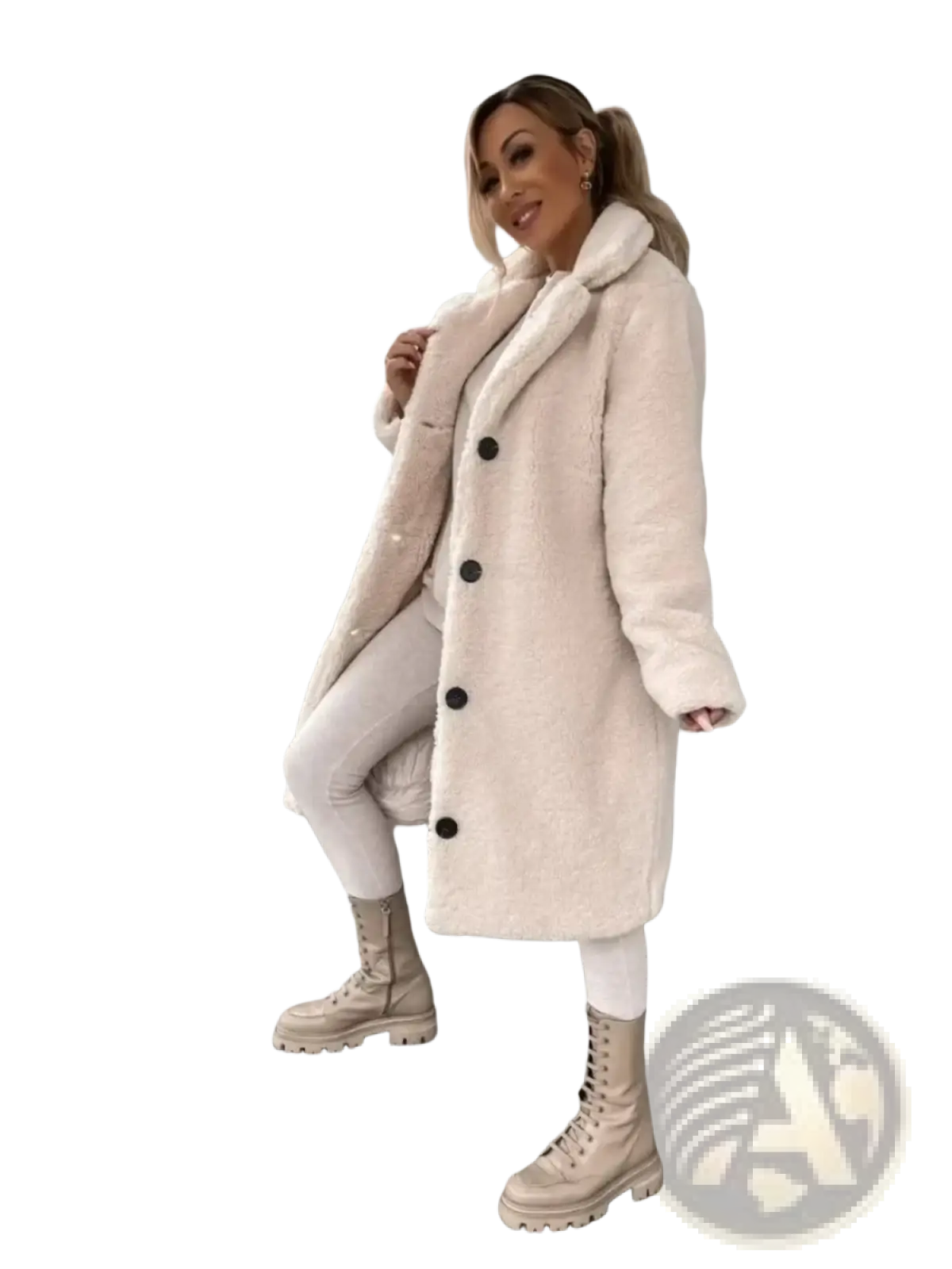 Beige plush teddy bear coat with black buttons in faux fur tan winter outerwear for cold weather use