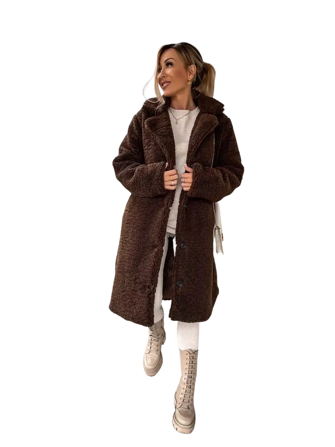 A plush teddy bear coat in tan with a cozy chocolate-brown textured fleece exterior and matching collar for winter wear