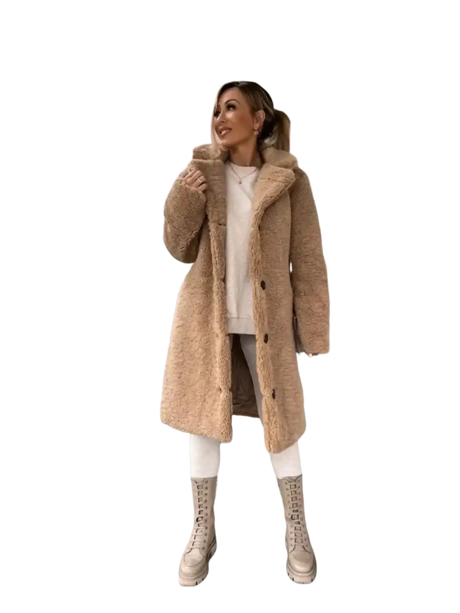 A cozy tan plush teddy bear coat with faux fur texture and matching collar ideal for winter outerwear