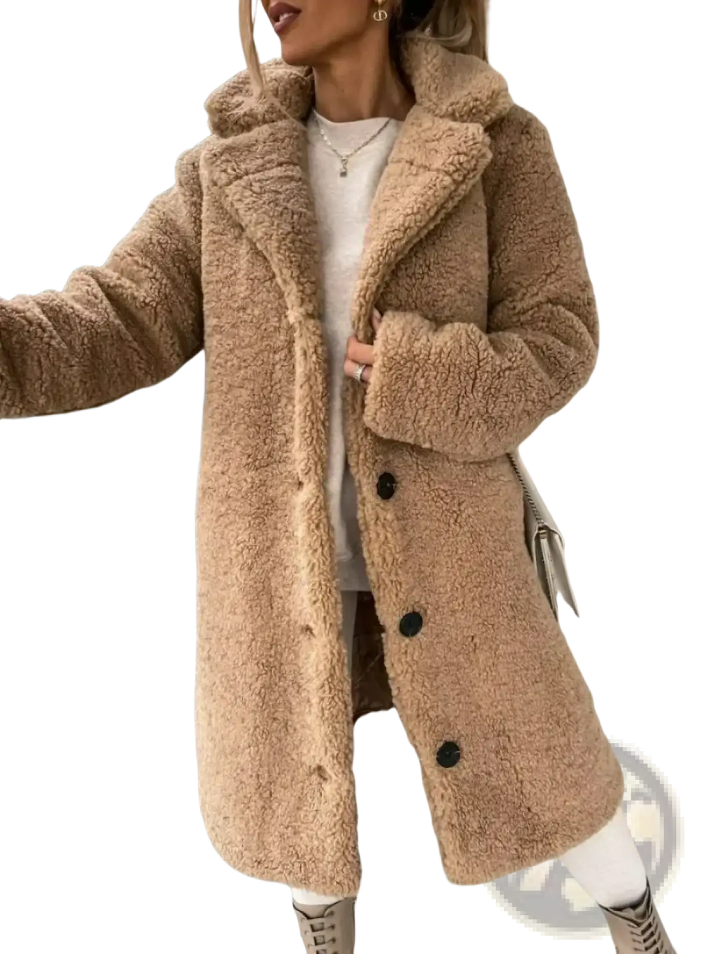 A cozy tan teddy bear coat with plush fuzzy texture and black buttons for winter outerwear