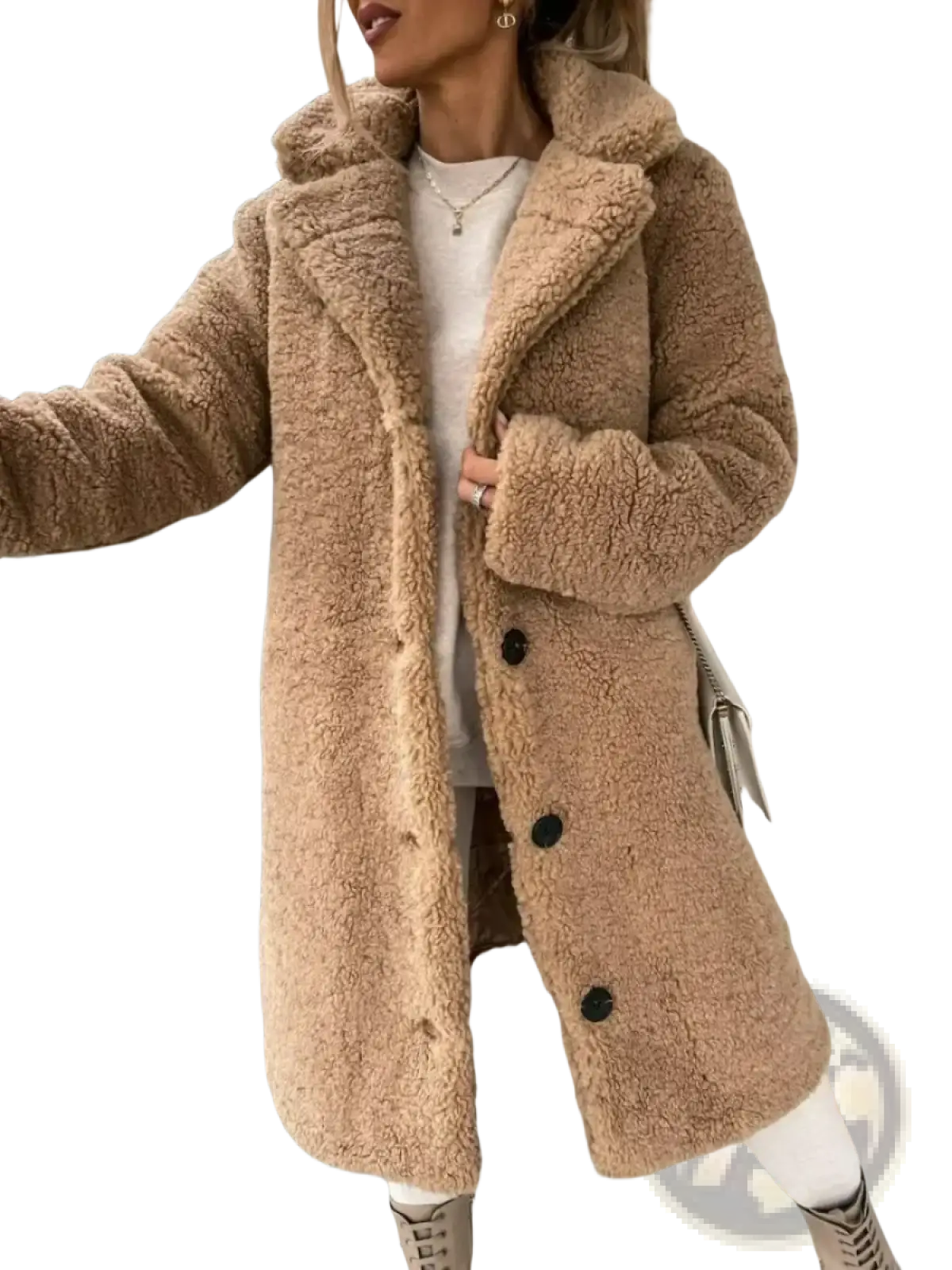 A cozy tan teddy bear coat with plush fuzzy texture and black buttons for winter outerwear