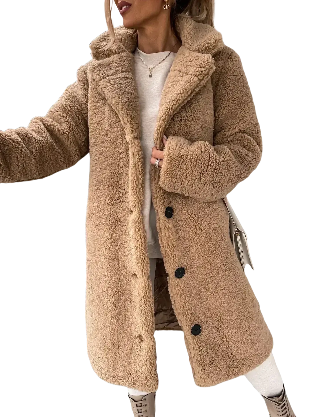 A cozy tan plush teddy bear coat with faux fur texture and black buttons for winter outerwear
