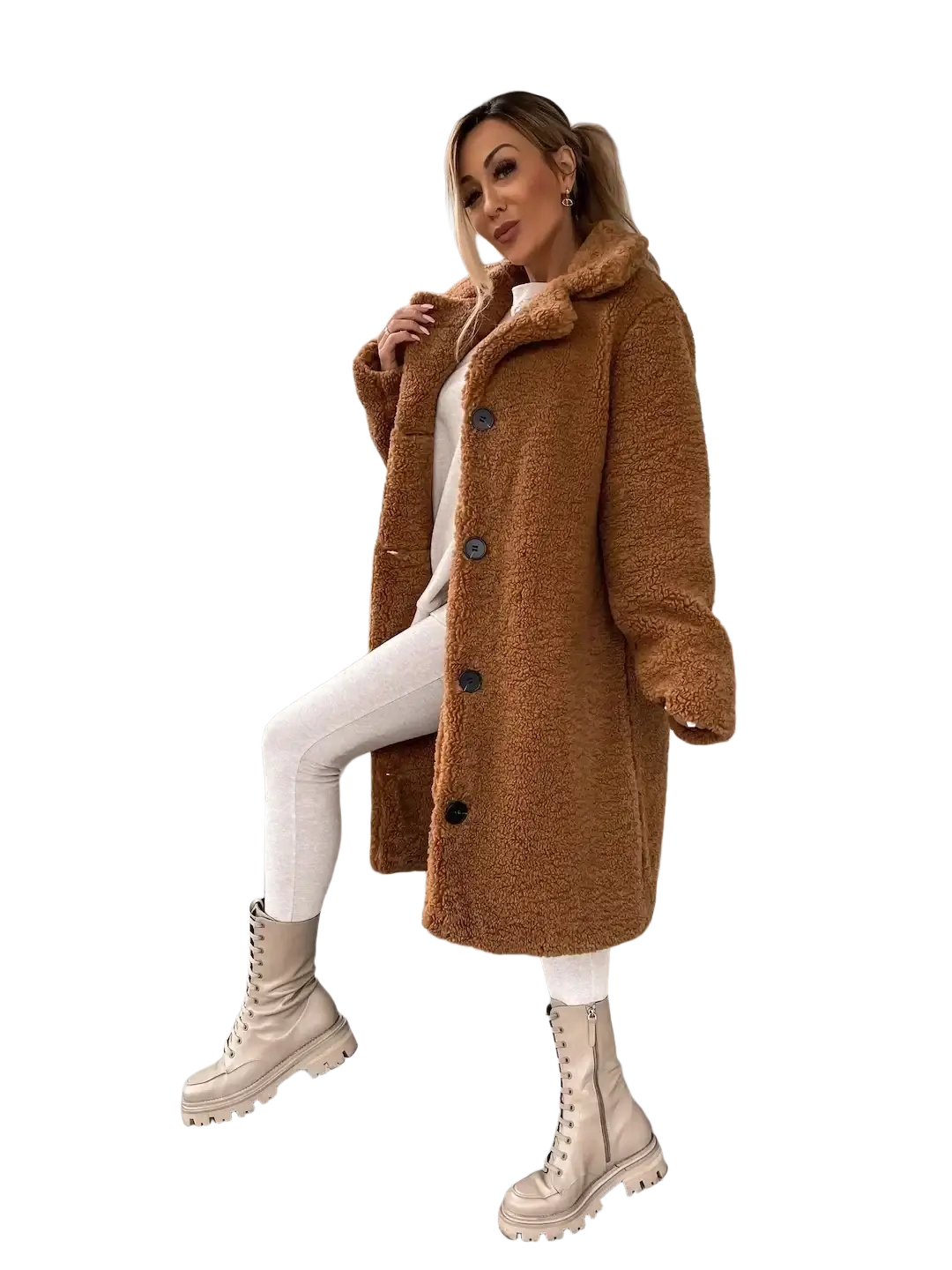 A cozy tan plush teddy bear coat made of faux fur with a plush collar and dark buttons for winter outerwear