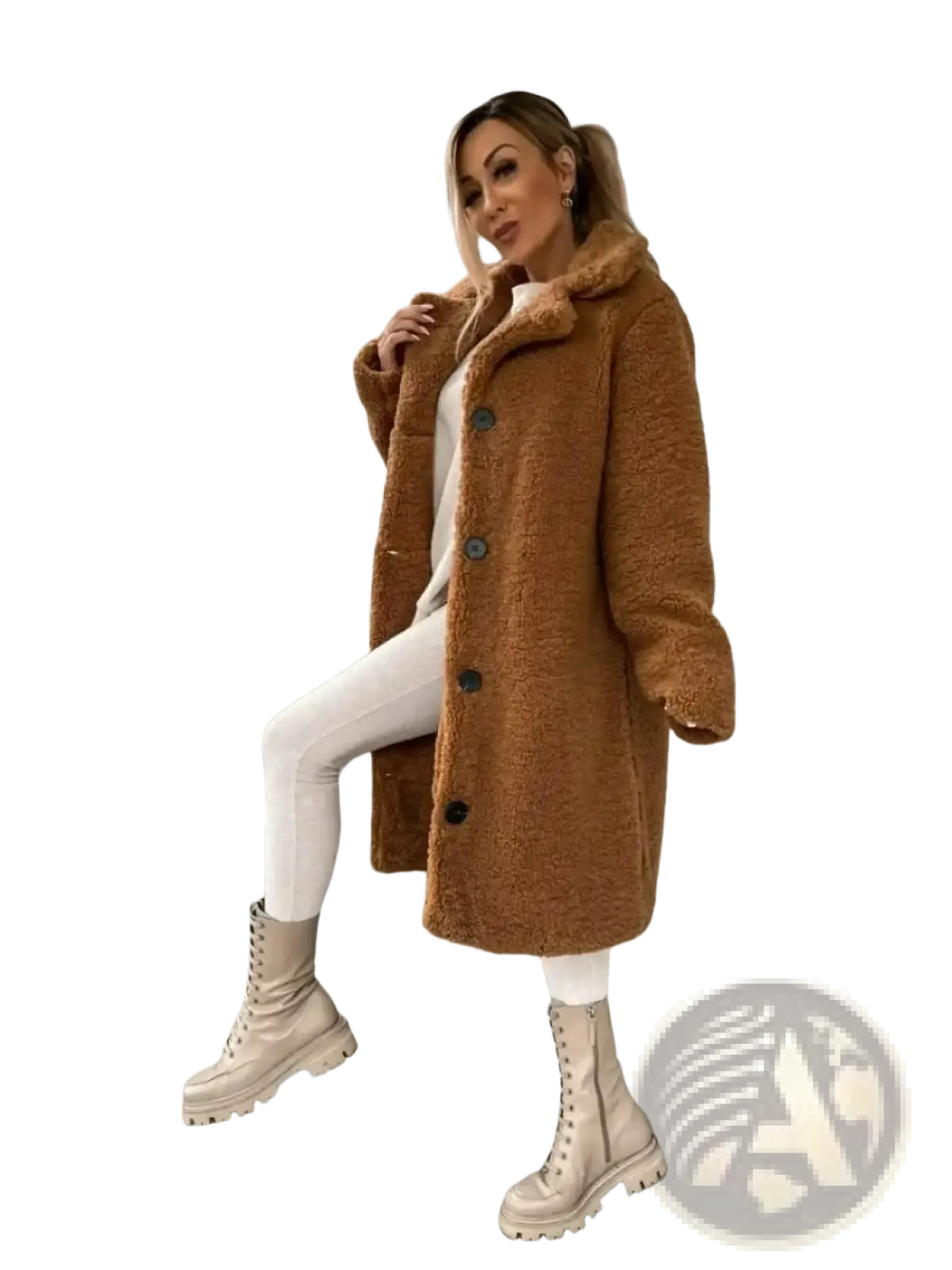 A cozy tan plush teddy bear coat with a medium length, plush collar, and dark buttons for winter outerwear