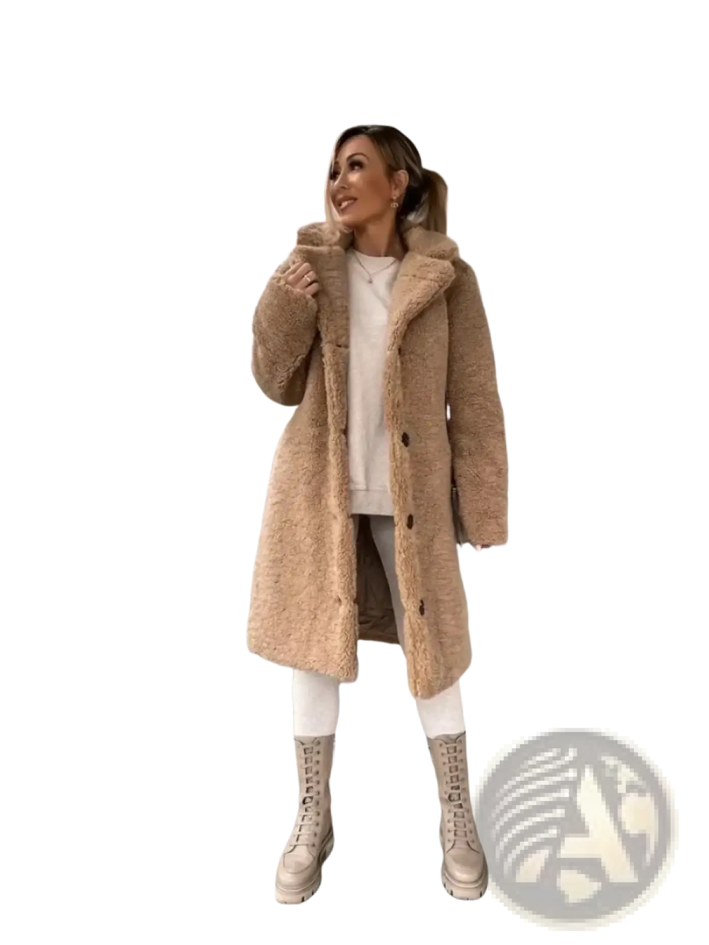 A cozy tan plush teddy bear coat with faux fur texture and matching collar ideal for winter outerwear