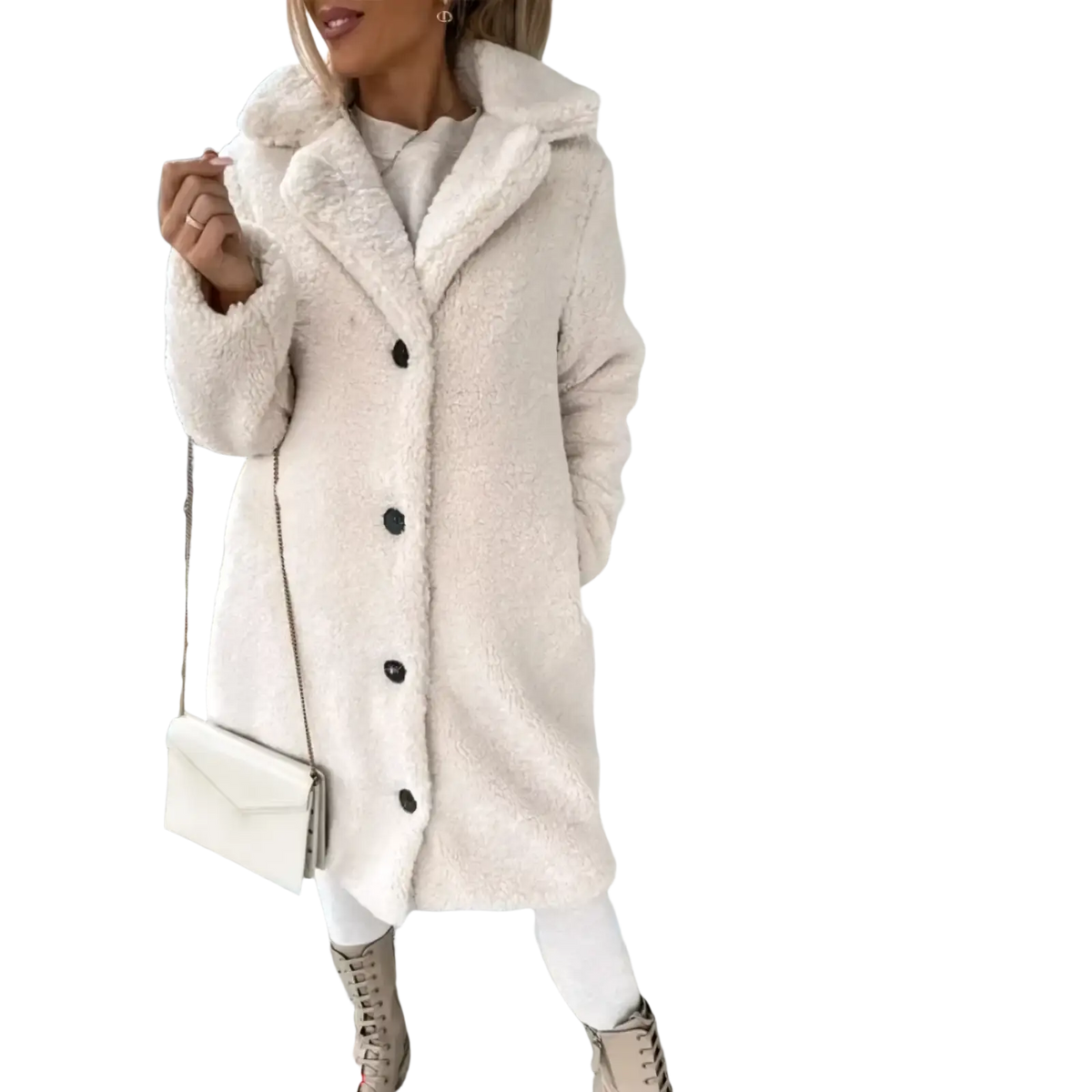 Cream-colored plush teddy bear coat with cozy hood black buttons made of soft faux fur for winter outerwear