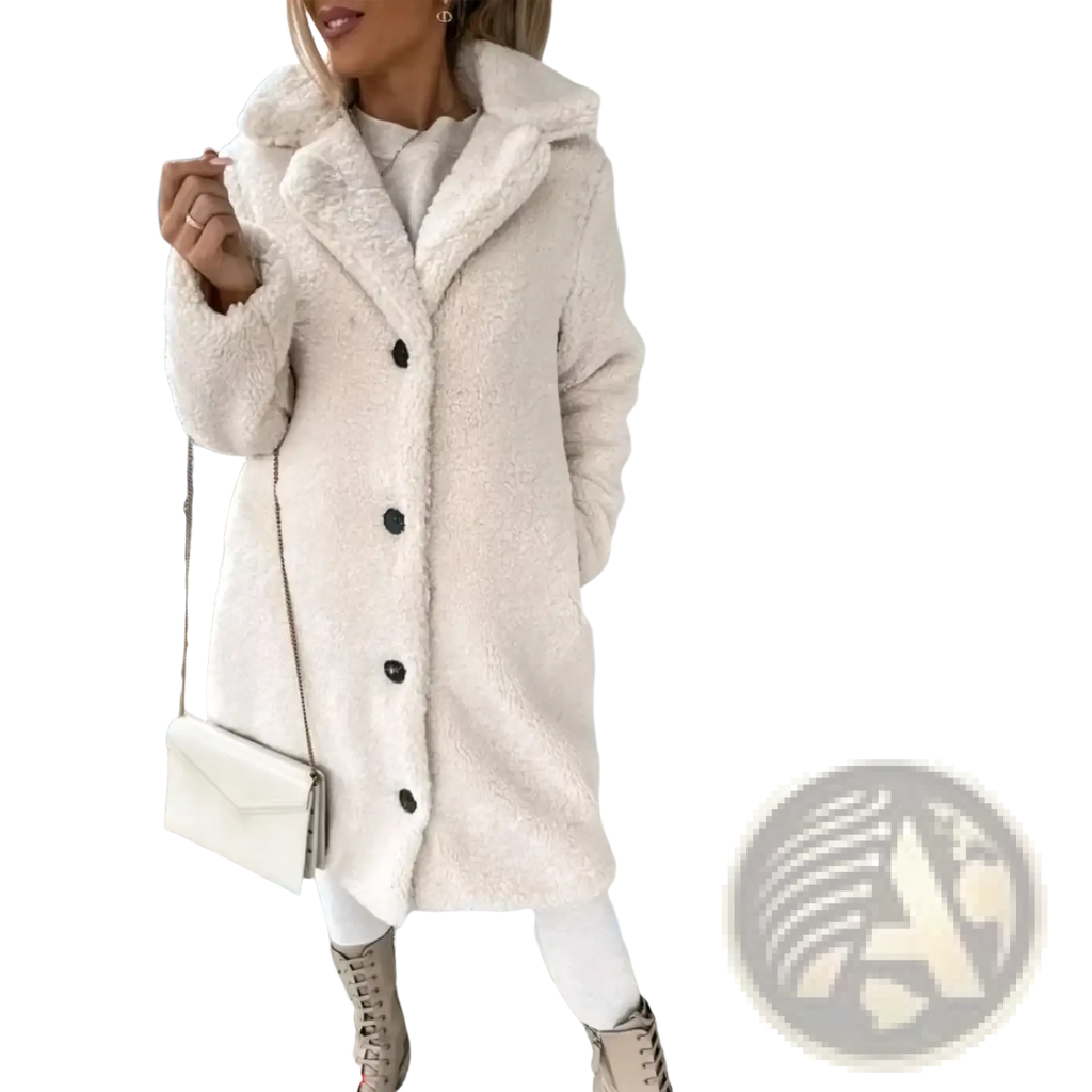 Cream-colored plush teddy bear coat with cozy hood black buttons made of soft faux fur for winter outerwear