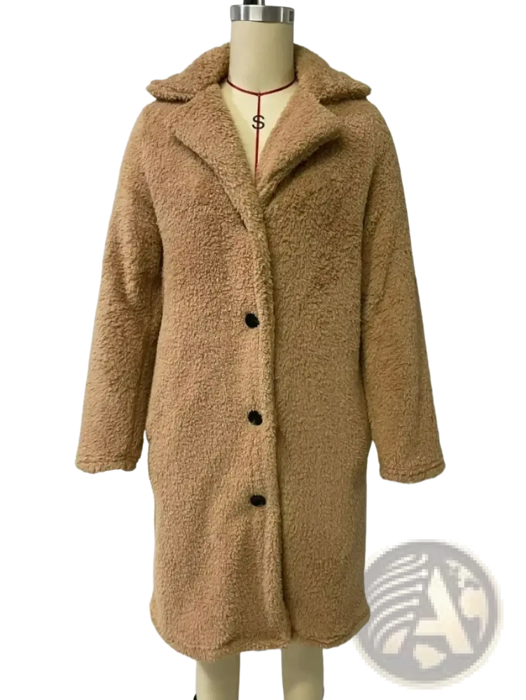 Plush teddy bear coat tan winter outerwear with cozy faux fur texture and black buttons down the front