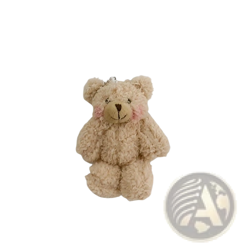 A soft beige plush teddy bear keychain with embroidered facial features and pink blush cheeks mini doll pendant