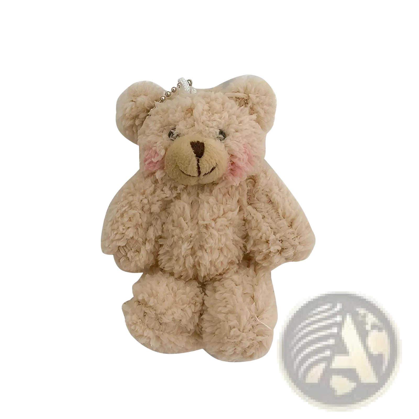 A soft fluffy beige plush teddy bear keychain with pink cheeks and a stitched smile mini doll pendant