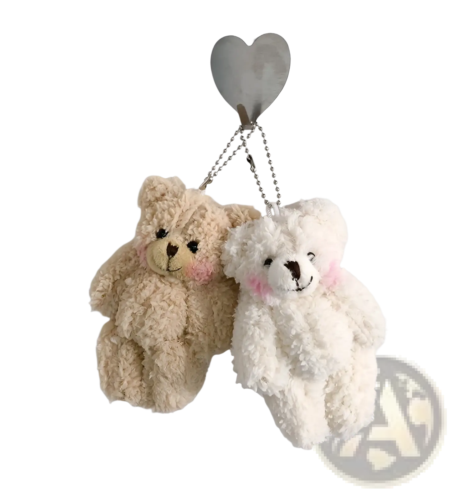 Plush teddy bear keychains in soft beige and white with embroidered facial features and silver chain links