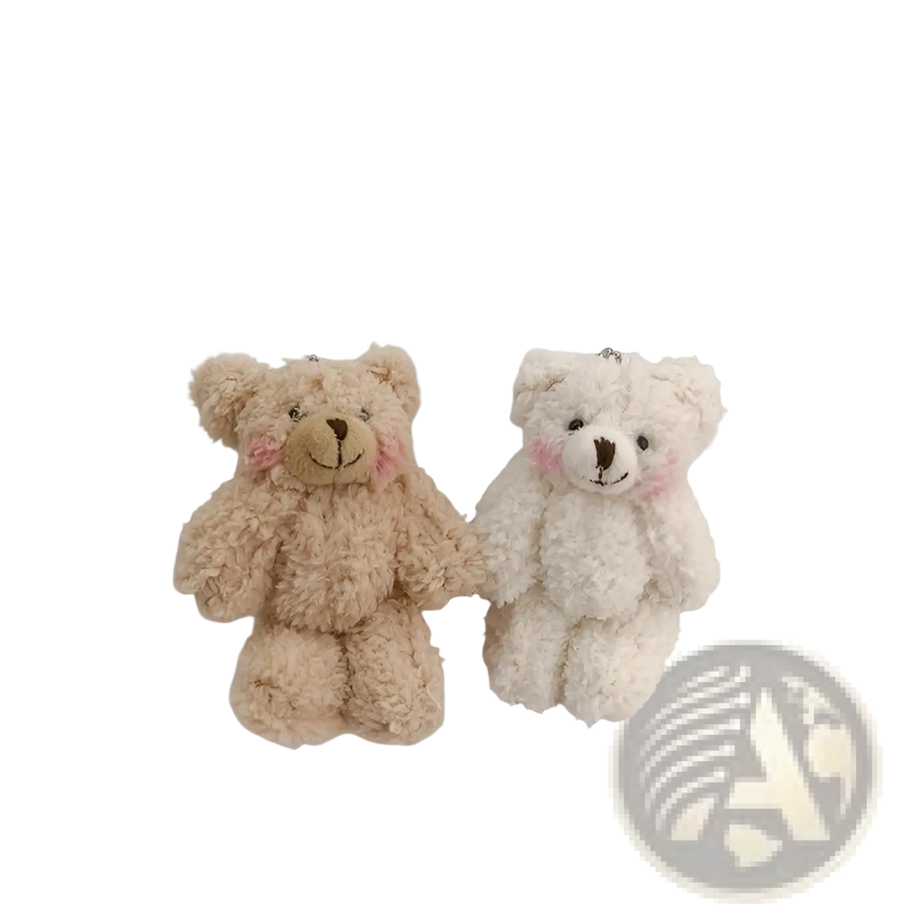 Plush teddy bear keychain mini dolls in brown and white with rosy cheeks and soft fluffy plush texture