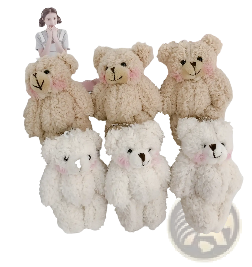 Plush teddy bear keychain cute mini doll pendant in beige and white with embroidered facial features and pink blush accents