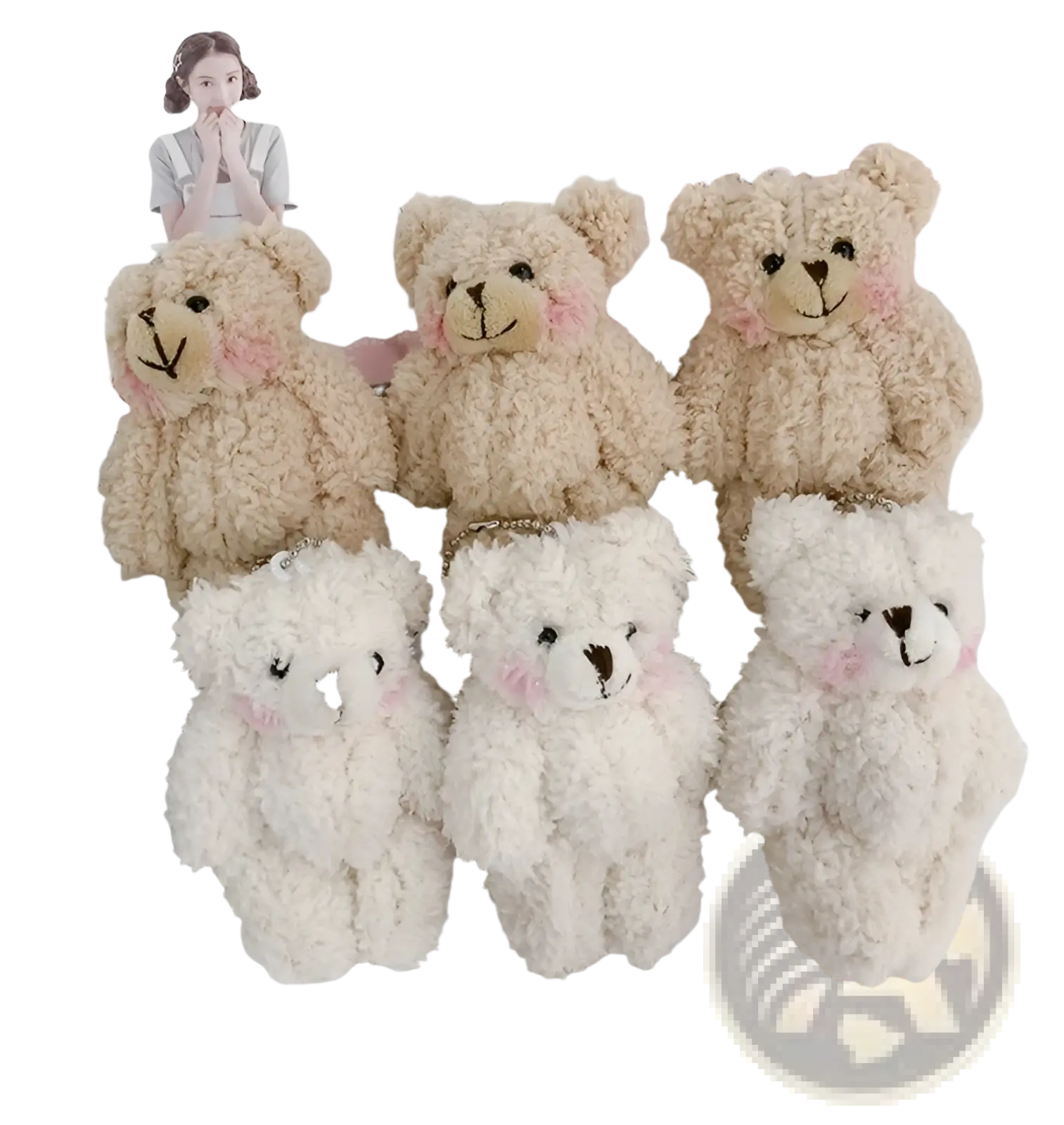 Plush teddy bear keychain cute mini doll pendant in beige and white with embroidered facial features and pink blush accents
