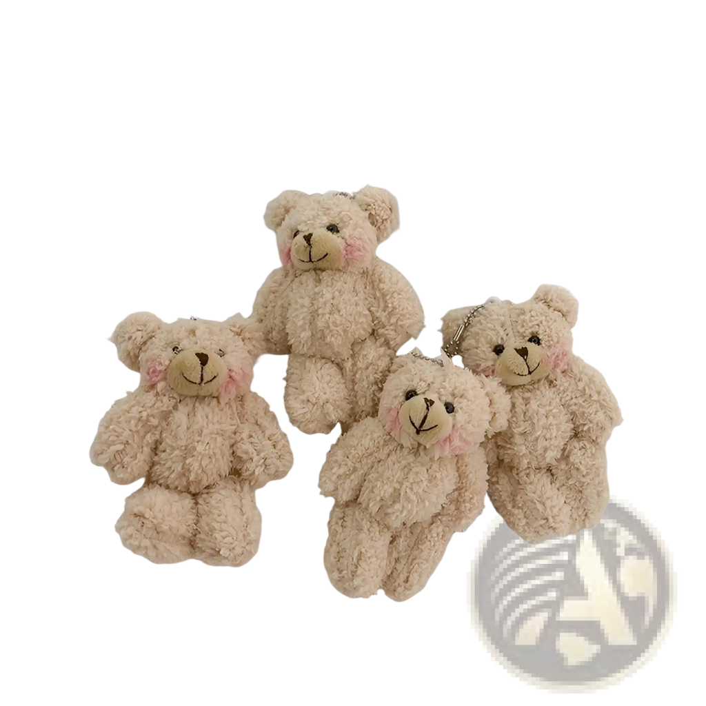 Cute beige plush teddy bear keychains with pink cheeks and embroidered facial features as mini doll pendants